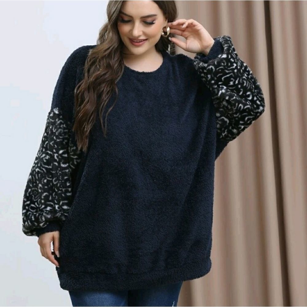 Plus Leopard Pattern Drop Shoulder Flannel Pullover - Picture 7 of 9